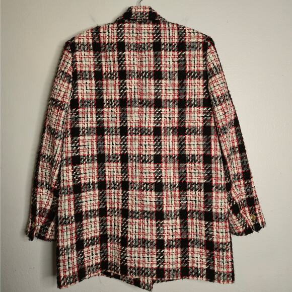 Zara Plaid Double Breasted Plaid Tweed Red Long Oversized Blazer Size M Holiday - Picture 4 of 16